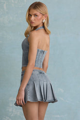 Low-Rise Pleated Mini Skirt in Light Blue